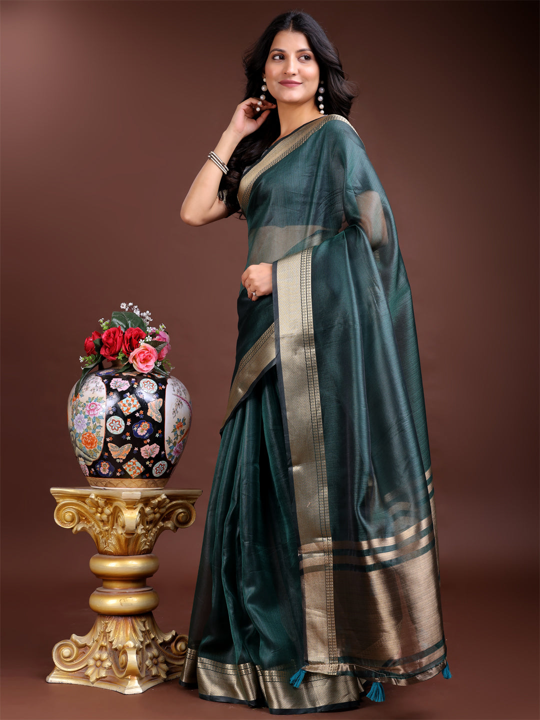 Astita Sea Green Organza Woven Zari Work Traditional Tassel Saree - Distacart