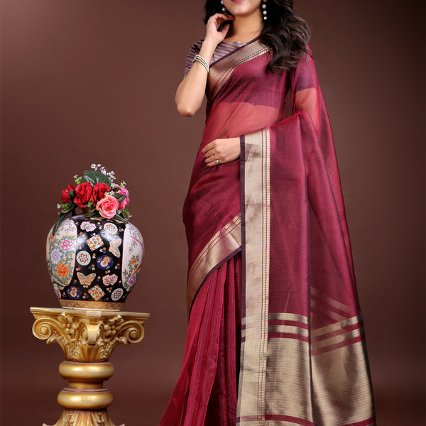 Astita Magenta Organza Woven Zari Work Traditional Tassel Saree - Distacart