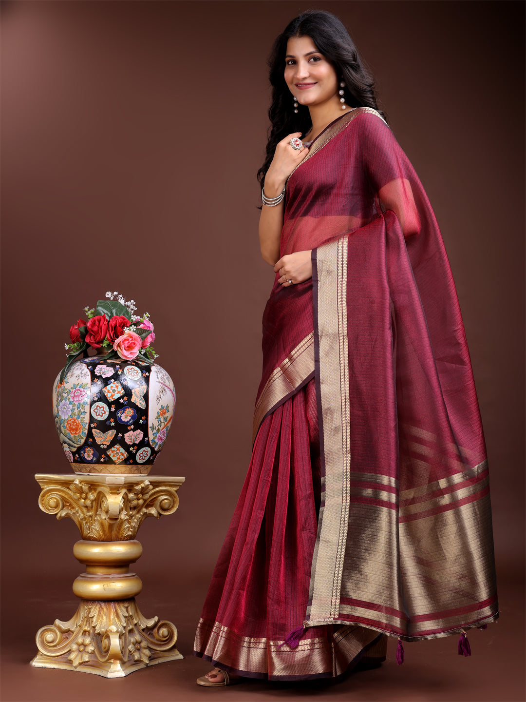 Astita Magenta Organza Woven Zari Work Traditional Tassel Saree - Distacart