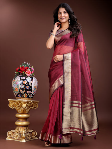 Astita Magenta Organza Woven Zari Work Traditional Tassel Saree - Distacart