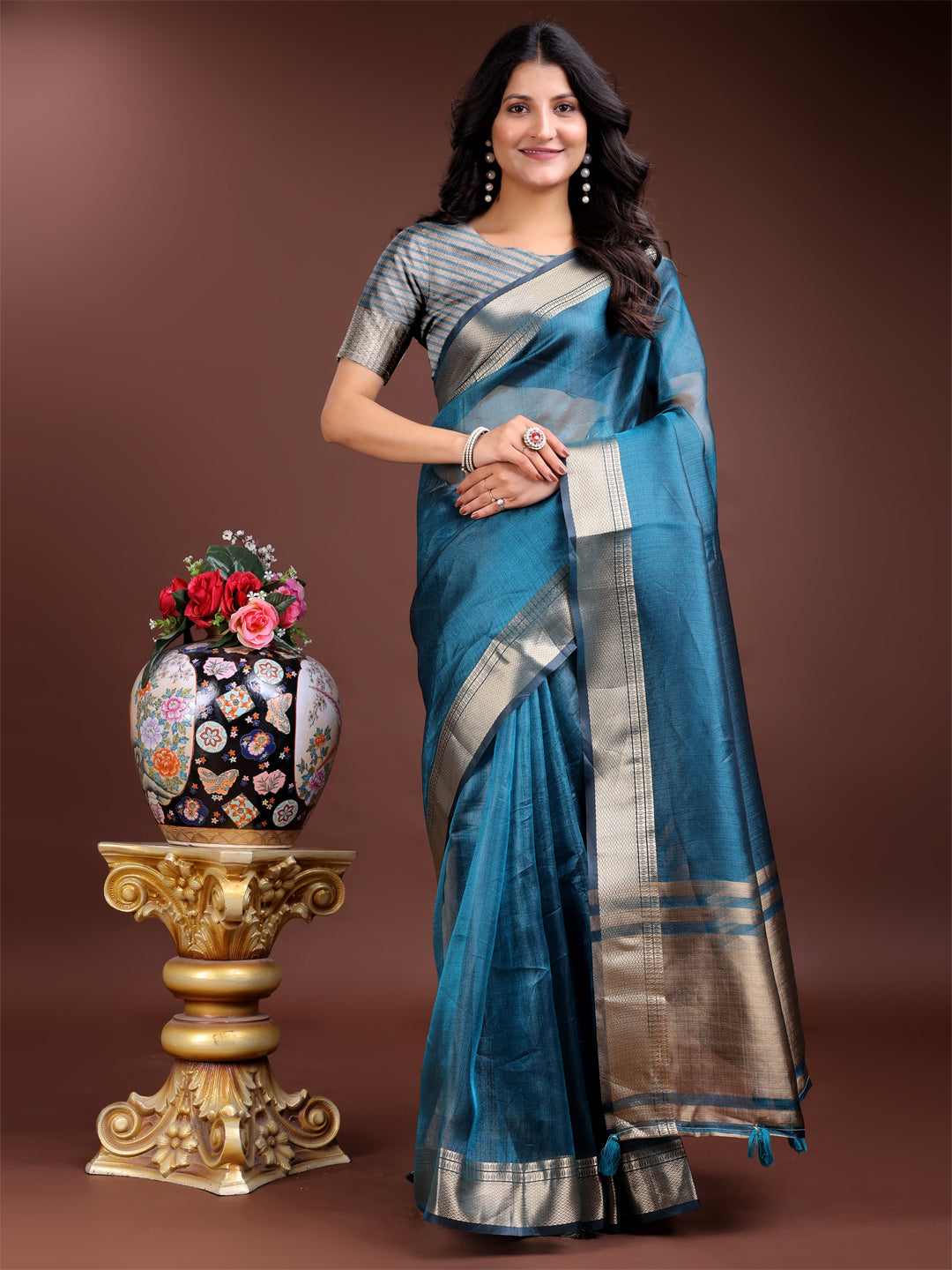 Astita Sea Green Organza Woven Zari Work Traditional Tassel Saree - Distacart