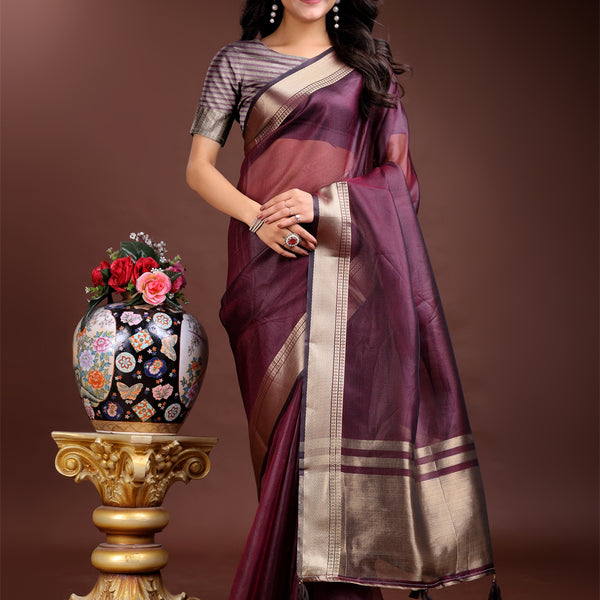 Astita Purple Organza Woven Zari Work Traditional Tassel Saree - Distacart