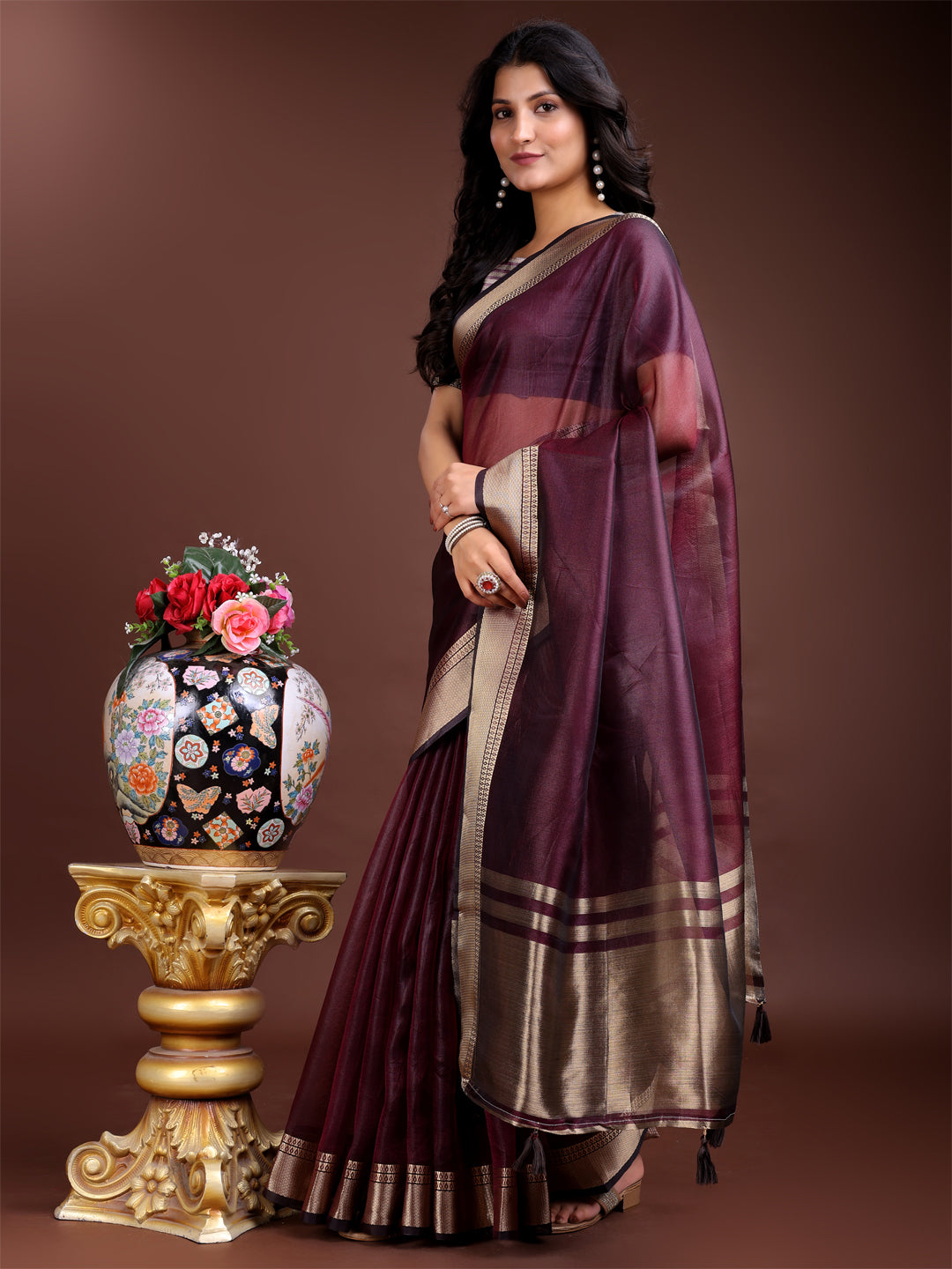 Astita Purple Organza Woven Zari Work Traditional Tassel Saree - Distacart