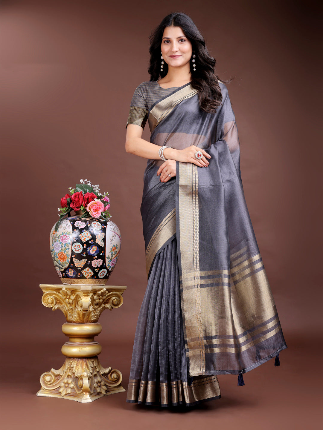 Astita Grey Organza Woven Zari Work Traditional Tassel Saree - Distacart