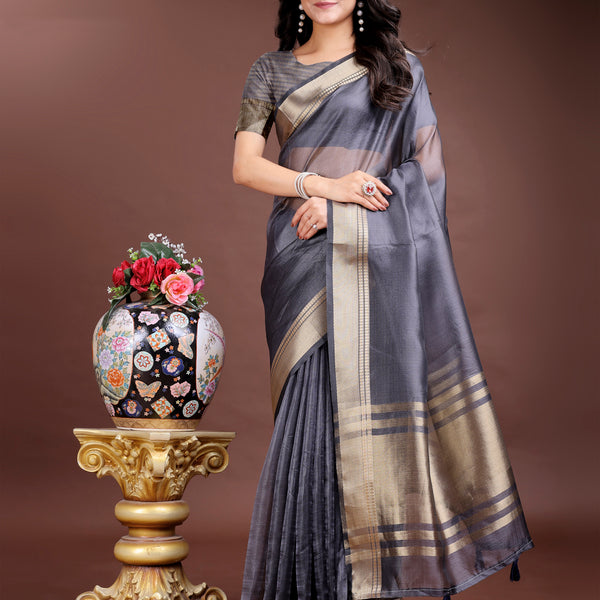 Astita Grey Organza Woven Zari Work Traditional Tassel Saree - Distacart