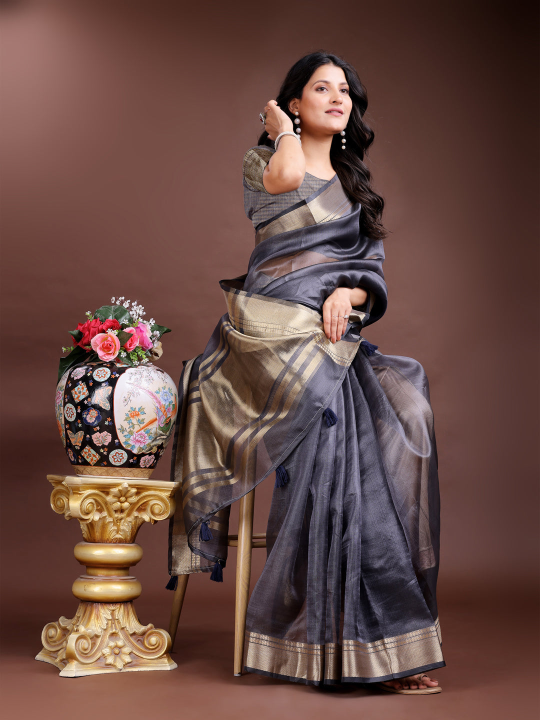 Astita Grey Organza Woven Zari Work Traditional Tassel Saree - Distacart