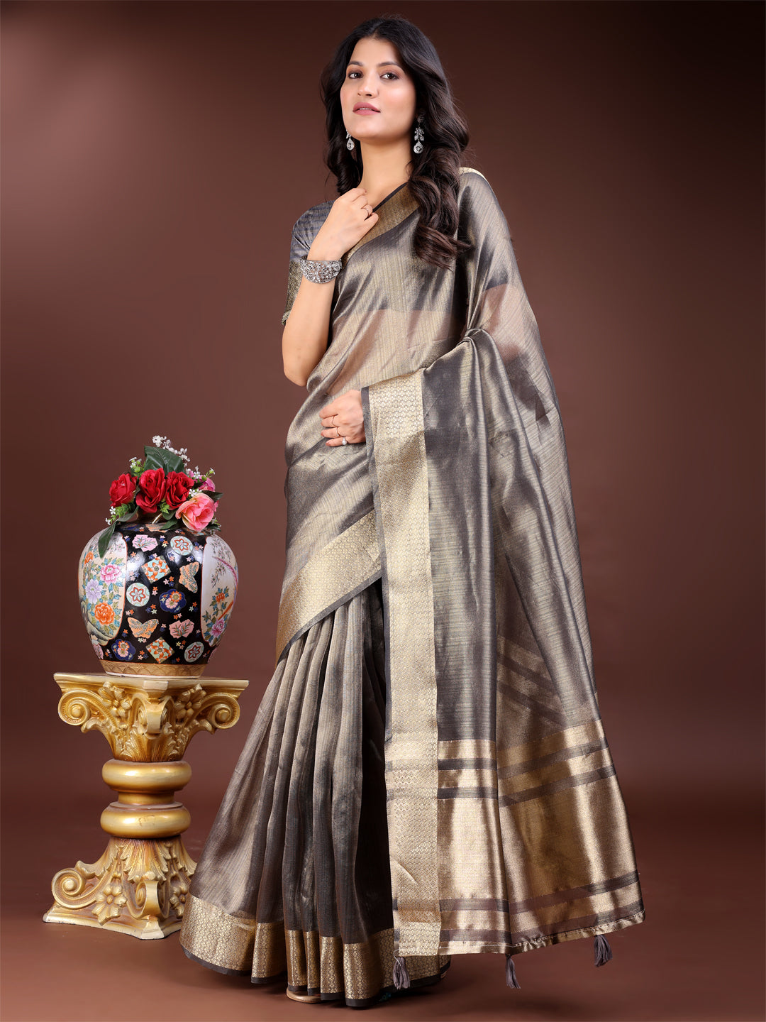 Astita Grey Organza Woven Zari Work Traditional Tassel Saree - Distacart