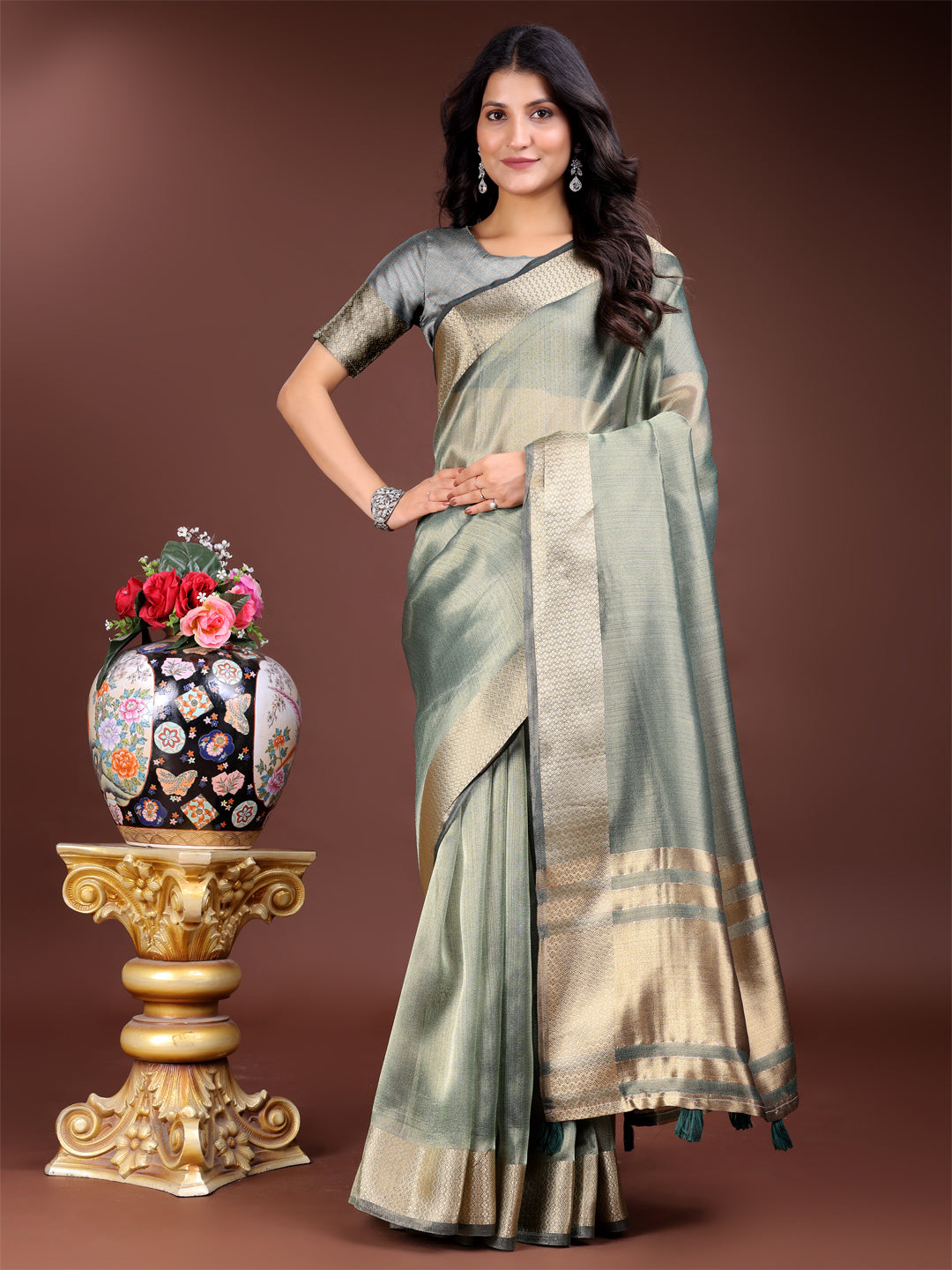 Astita Sea Green Organza Woven Zari Work Traditional Tassel Saree - Distacart