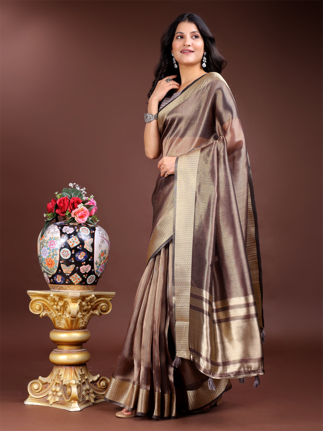 Astita Brown Organza Woven Zari Work Traditional Tassel Saree - Distacart