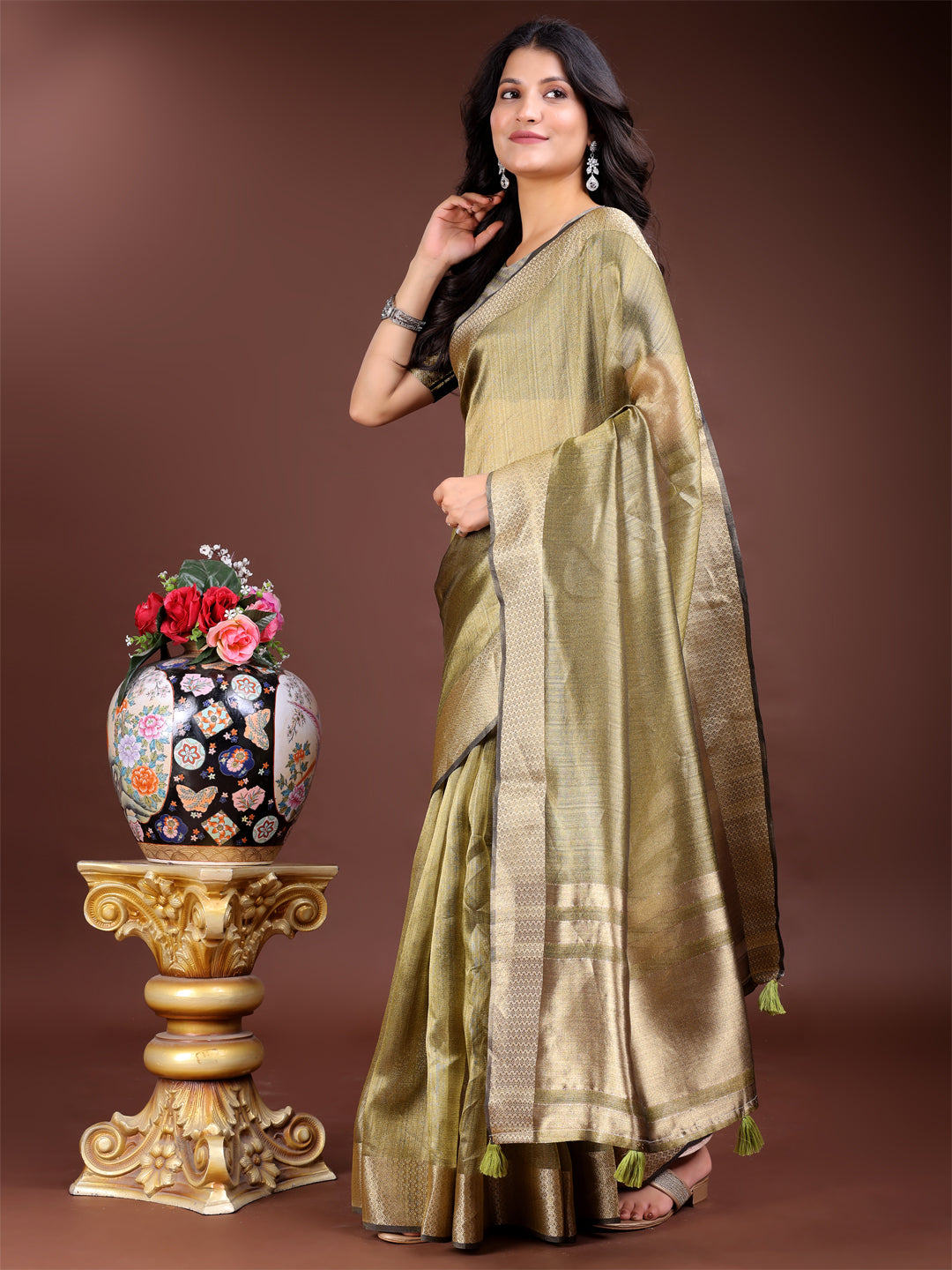Astita Mehndi Green Organza Woven Zari Work Traditional Tassel Saree - Distacart