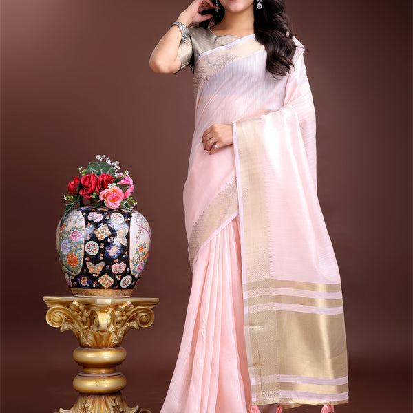 Astita Elegant Light Pink Woven Linen Saree with Contrast Zari Border & Tassels - Soft & Breathable Party Wear - Distacart