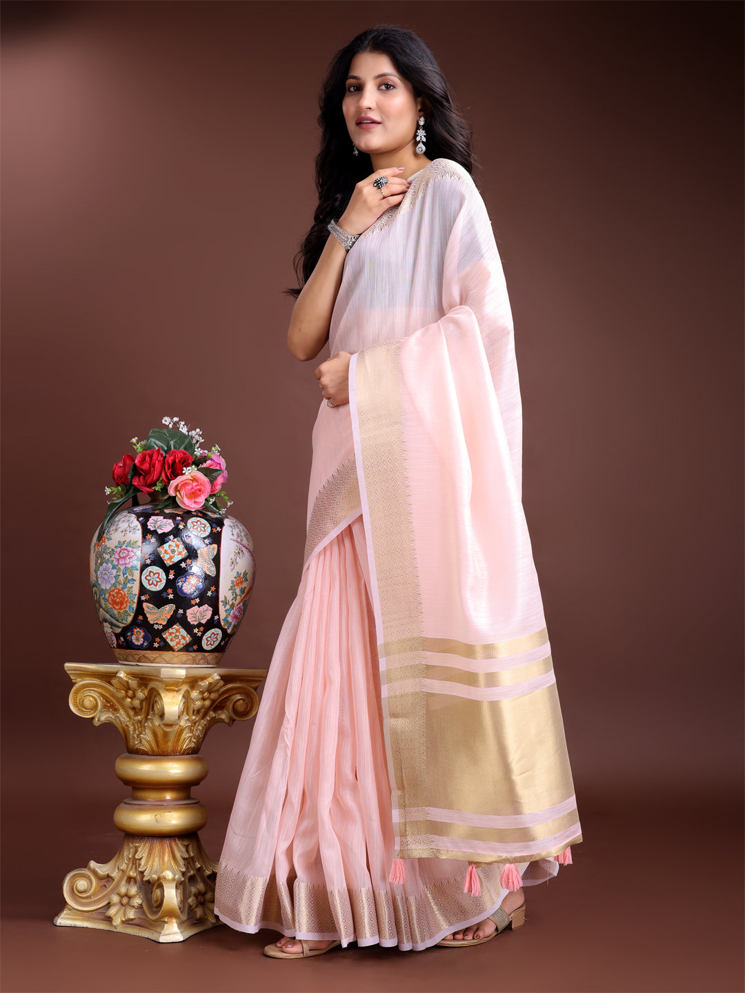 Astita Elegant Light Pink Woven Linen Saree with Contrast Zari Border & Tassels - Soft & Breathable Party Wear - Distacart