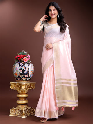 Astita Elegant Light Pink Woven Linen Saree with Contrast Zari Border & Tassels - Soft & Breathable Party Wear - Distacart