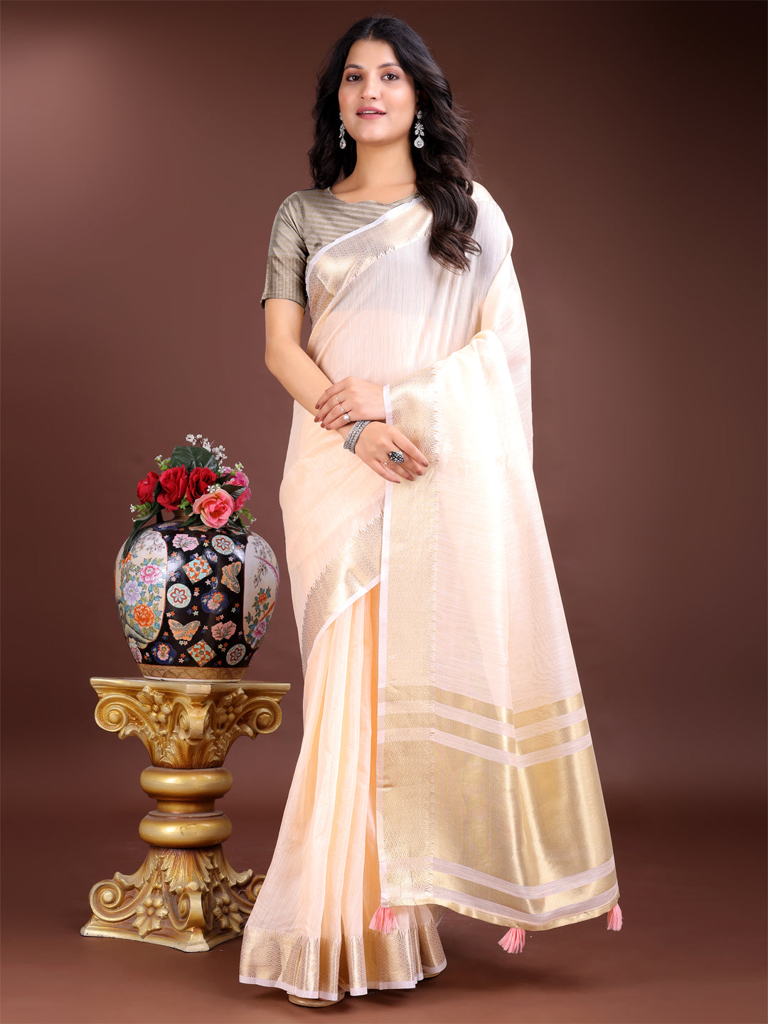 Astita Elegant Peach Woven Linen Saree with Contrast Zari Border & Tassels - Soft & Breathable Party Wear - Distacart