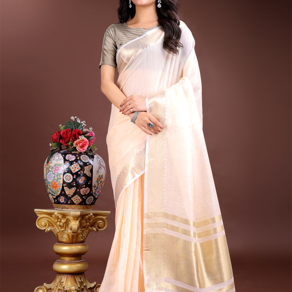 Astita Elegant Peach Woven Linen Saree with Contrast Zari Border & Tassels - Soft & Breathable Party Wear - Distacart