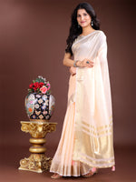 Thumbnail for Astita Elegant Peach Woven Linen Saree with Contrast Zari Border & Tassels - Soft & Breathable Party Wear - Distacart