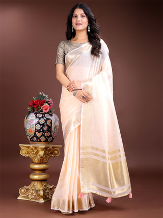 Astita Elegant Peach Woven Linen Saree with Contrast Zari Border & Tassels - Soft & Breathable Party Wear - Distacart