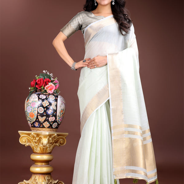 Astita Elegant Light Green Woven Linen Saree with Contrast Zari Border & Tassels - Soft & Breathable Party Wear - Distacart