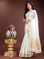 Thumbnail for Astita Elegant Light Green Woven Linen Saree with Contrast Zari Border & Tassels - Soft & Breathable Party Wear - Distacart