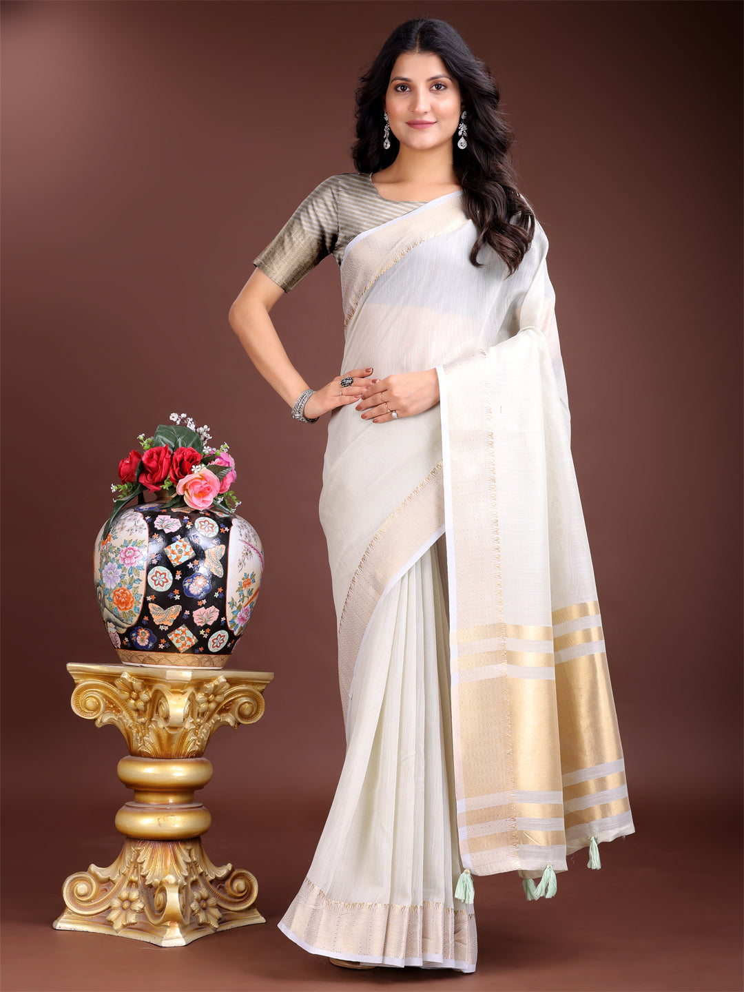 Astita Elegant Grey Woven Linen Saree with Contrast Zari Border & Tassels - Soft & Breathable Party Wear - Distacart