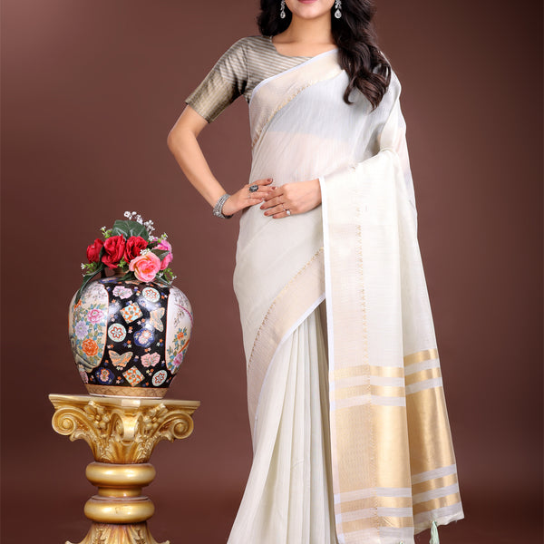 Astita Elegant Grey Woven Linen Saree with Contrast Zari Border & Tassels - Soft & Breathable Party Wear - Distacart