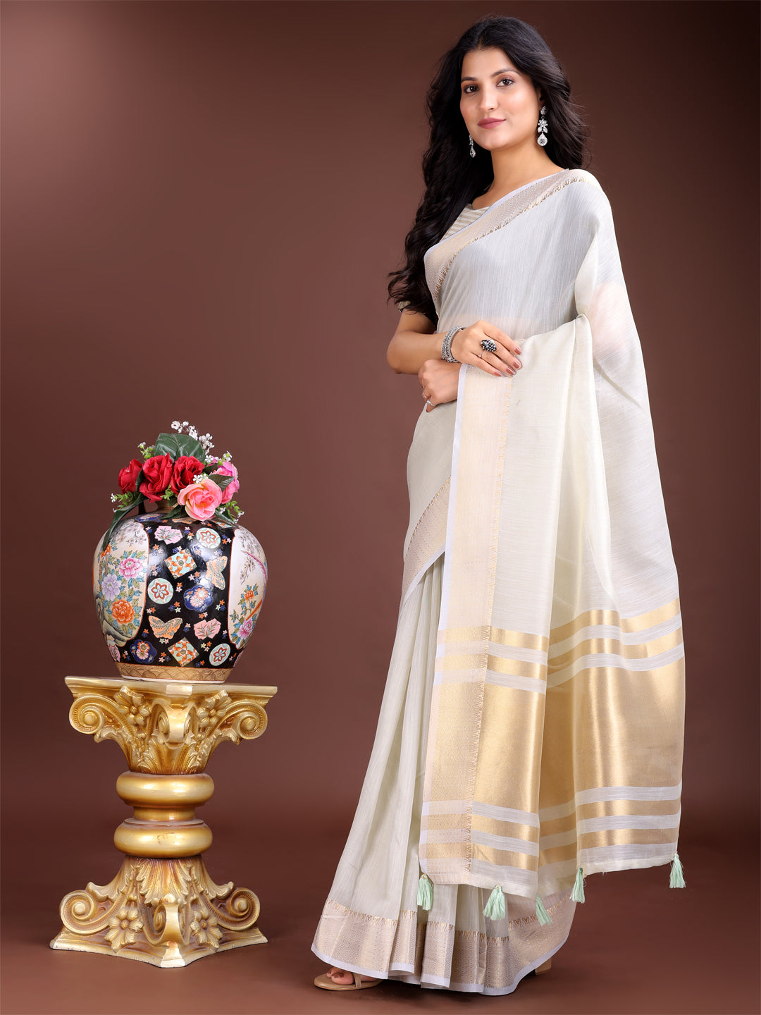 Astita Elegant Grey Woven Linen Saree with Contrast Zari Border & Tassels - Soft & Breathable Party Wear - Distacart