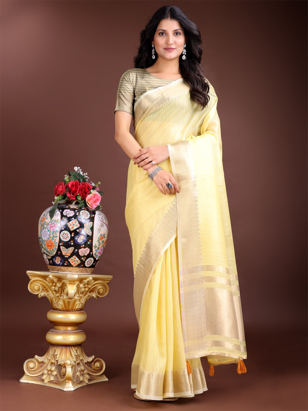 Astita Elegant Yellow Woven Linen Saree with Contrast Zari Border & Tassels - Soft & Breathable Party Wear - Distacart