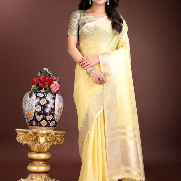 Astita Elegant Yellow Woven Linen Saree with Contrast Zari Border & Tassels - Soft & Breathable Party Wear - Distacart