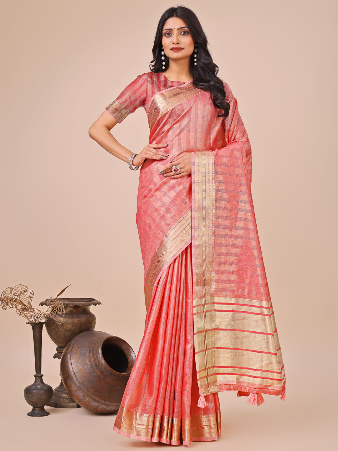 Astita Orange Organza Woven Zari Work Traditional Tassel Saree - Distacart
