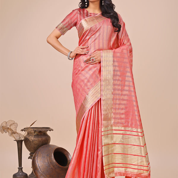 Astita Orange Organza Woven Zari Work Traditional Tassel Saree - Distacart