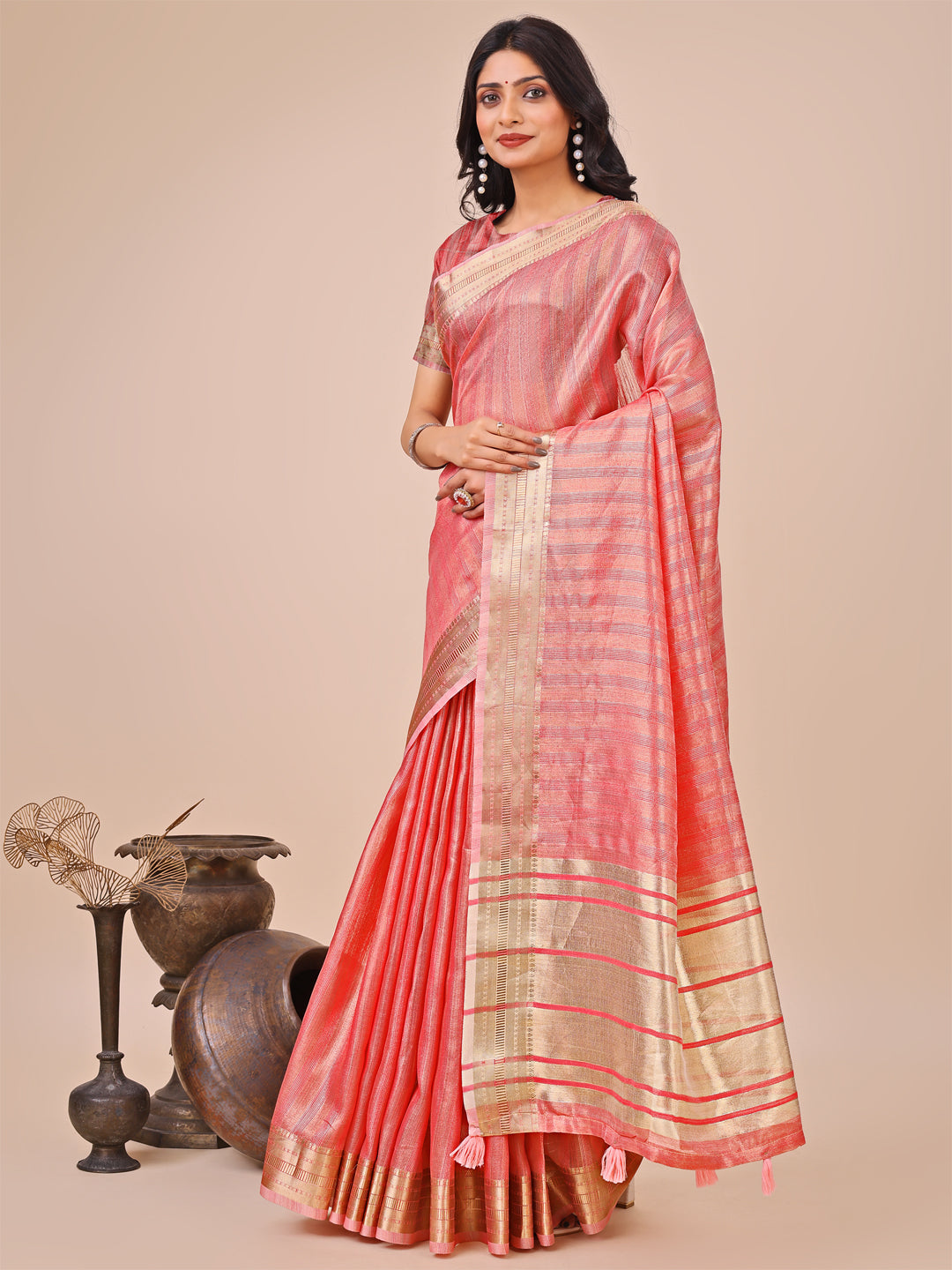 Astita Orange Organza Woven Zari Work Traditional Tassel Saree - Distacart