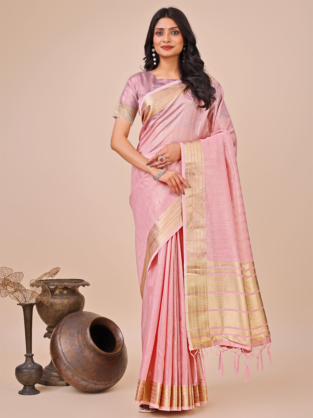 Astita Peach Organza Woven Zari Work Traditional Tassel Saree - Distacart