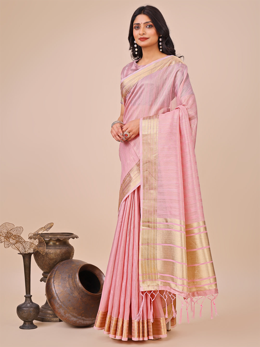 Astita Peach Organza Woven Zari Work Traditional Tassel Saree - Distacart