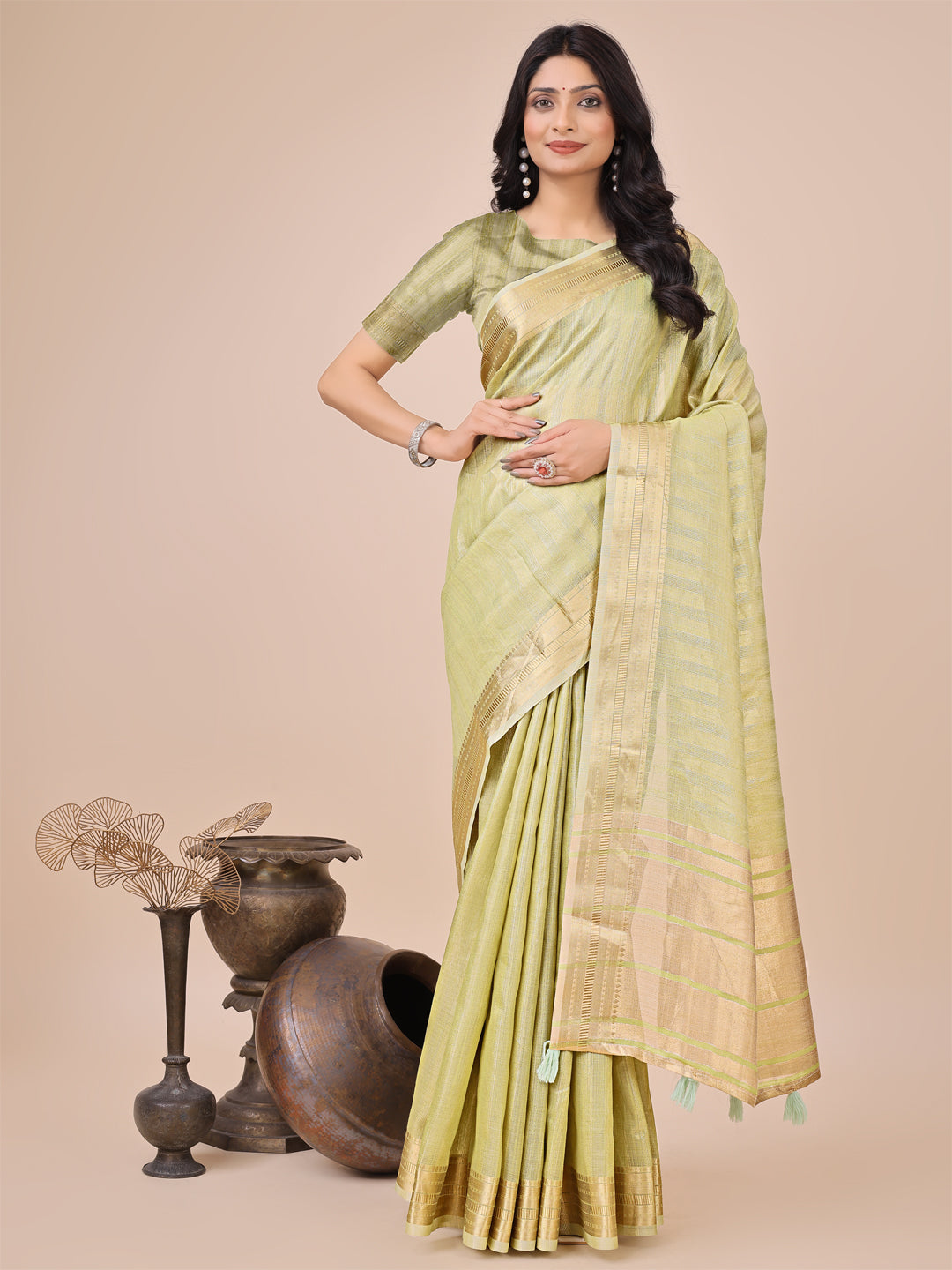 Astita Light Green Organza Woven Zari Work Traditional Tassel Saree - Distacart