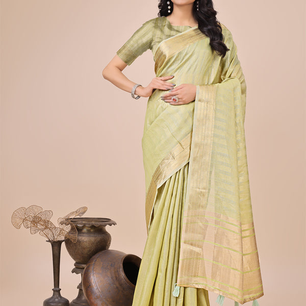 Astita Light Green Organza Woven Zari Work Traditional Tassel Saree - Distacart