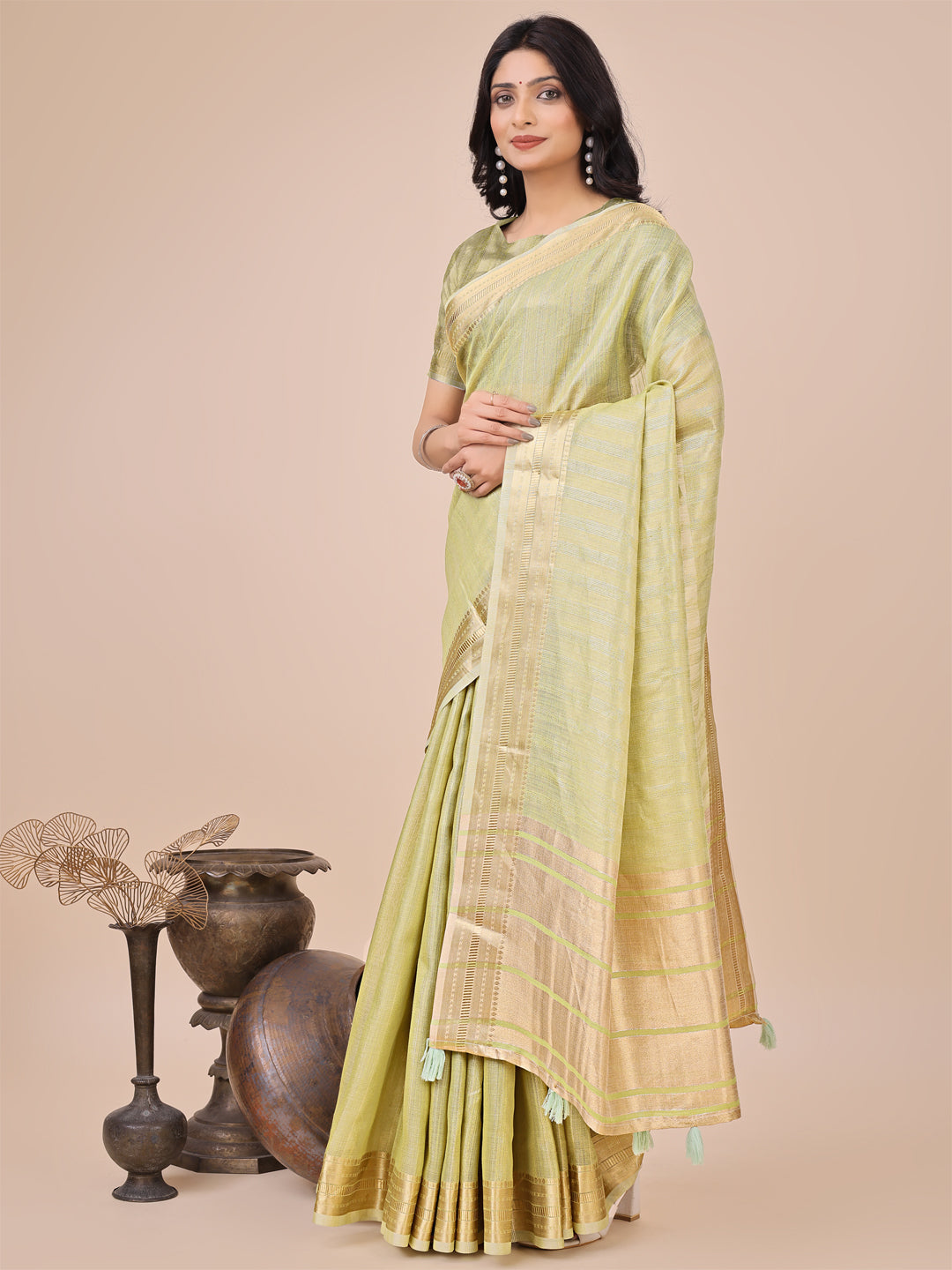 Astita Light Green Organza Woven Zari Work Traditional Tassel Saree - Distacart