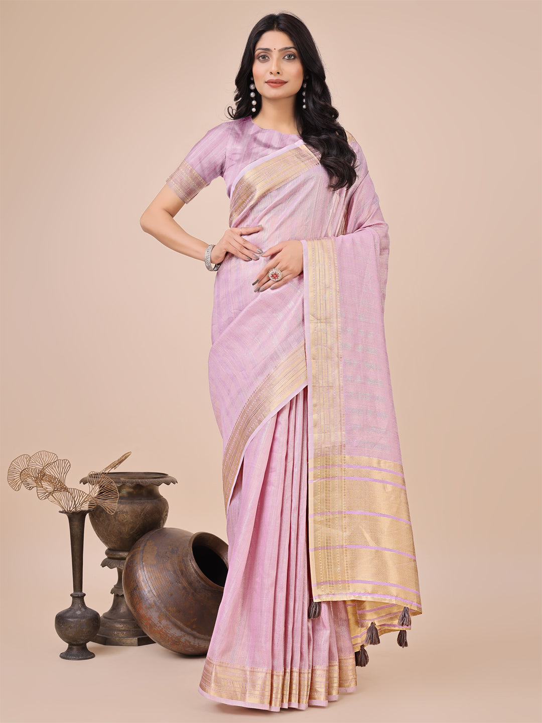 Astita Light Pink Organza Woven Zari Work Traditional Tassel Saree - Distacart