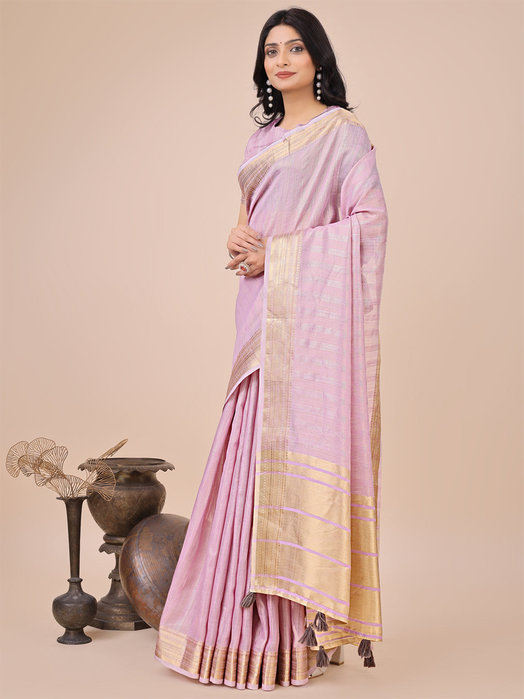 Astita Light Pink Organza Woven Zari Work Traditional Tassel Saree - Distacart