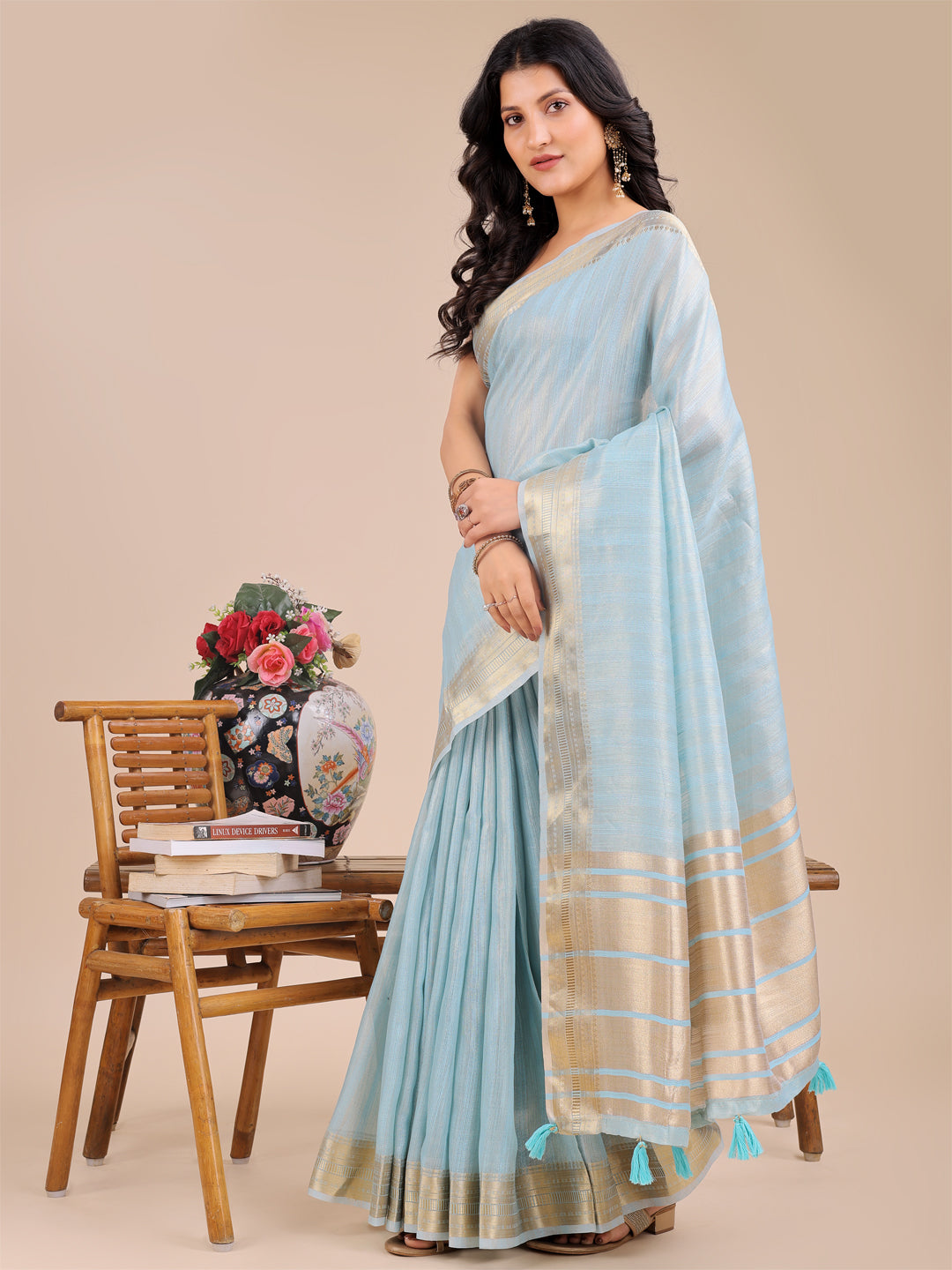 Astita Sky Blue Organza Woven Zari Work Traditional Tassel Saree - Distacart