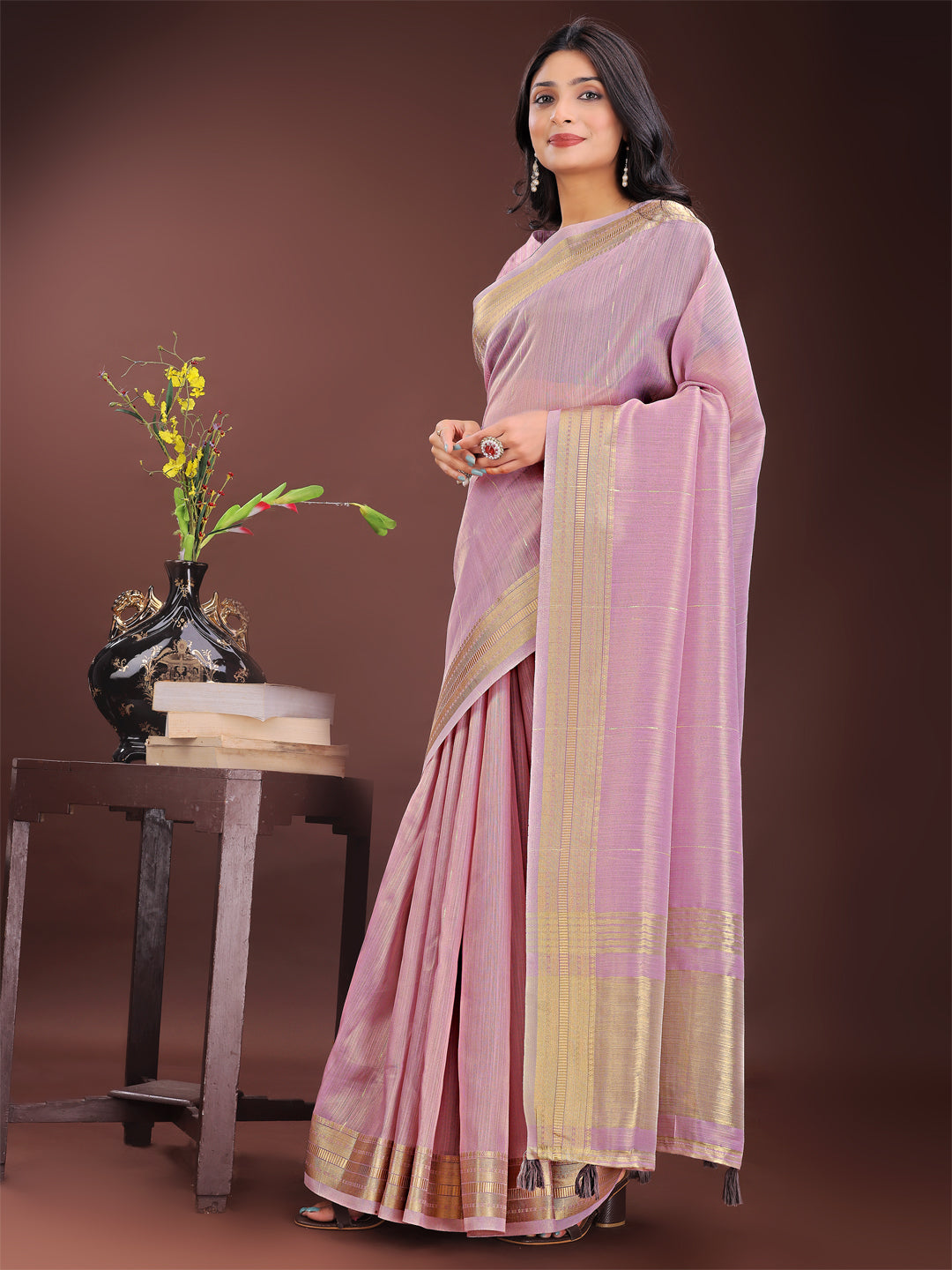 Astita Elegant Purple Organza Saree with Golden Zari Border - Festive & Office Wear Saree with Blouse Piece - Distacart