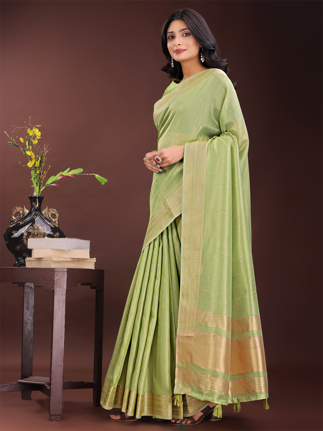 Astita Elegant Light Green Organza Saree with Golden Zari Border - Festive & Office Wear Saree with Blouse Piece - Distacart