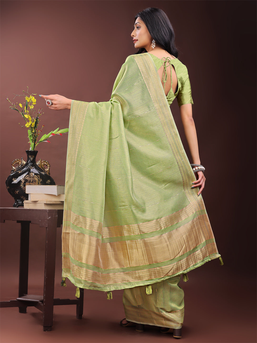 Astita Elegant Light Green Organza Saree with Golden Zari Border - Festive & Office Wear Saree with Blouse Piece - Distacart