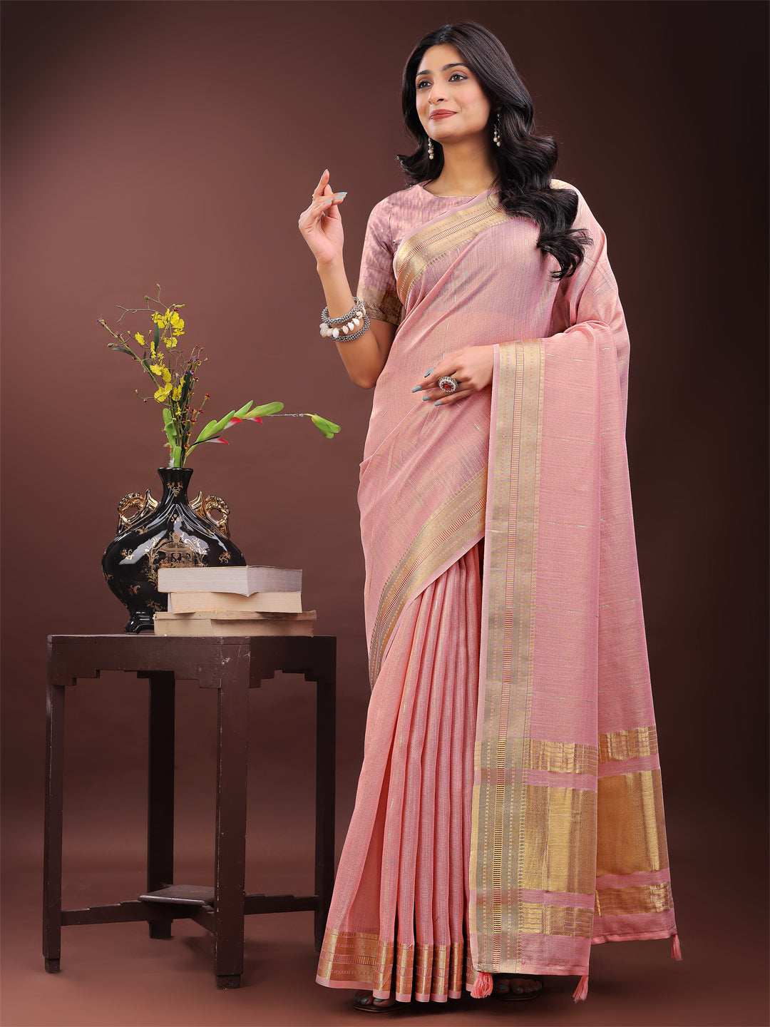Astita Elegant Light Pink Organza Saree with Golden Zari Border - Festive & Office Wear Saree with Blouse Piece - Distacart