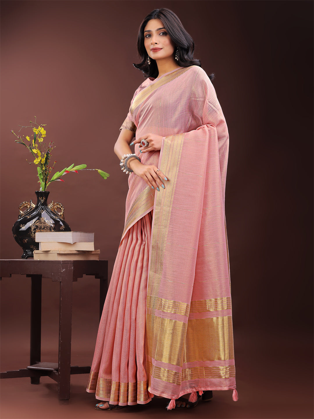 Astita Elegant Light Pink Organza Saree with Golden Zari Border - Festive & Office Wear Saree with Blouse Piece - Distacart