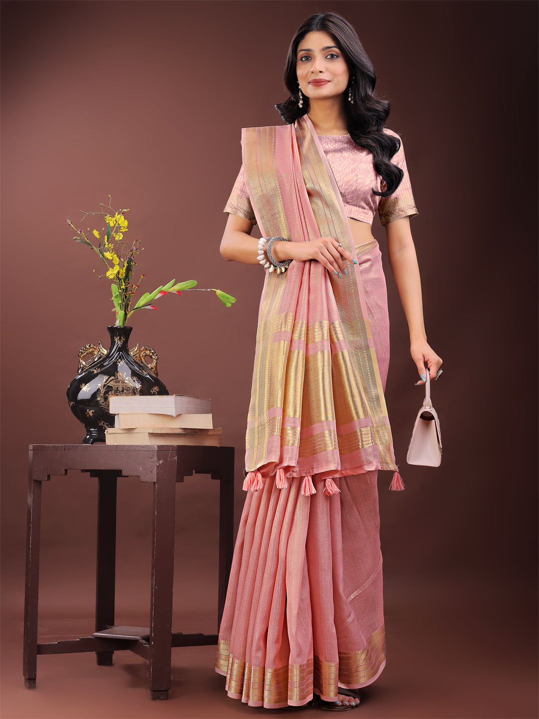 Astita Elegant Light Pink Organza Saree with Golden Zari Border - Festive & Office Wear Saree with Blouse Piece - Distacart