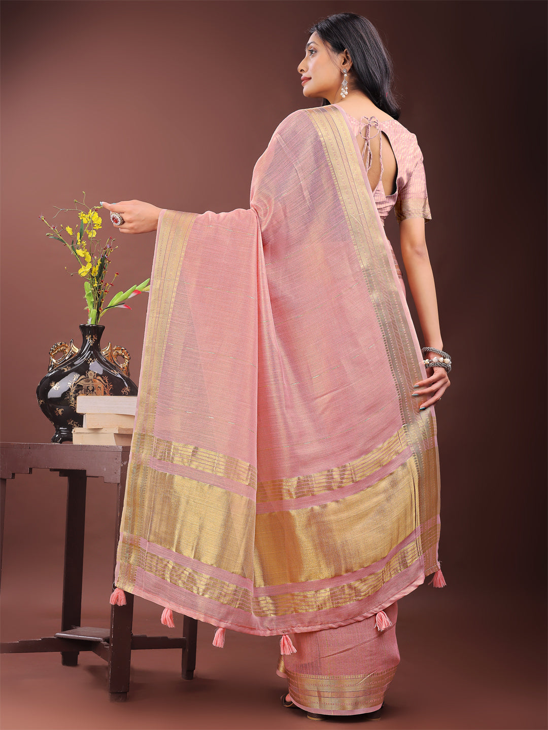 Astita Elegant Light Pink Organza Saree with Golden Zari Border - Festive & Office Wear Saree with Blouse Piece - Distacart