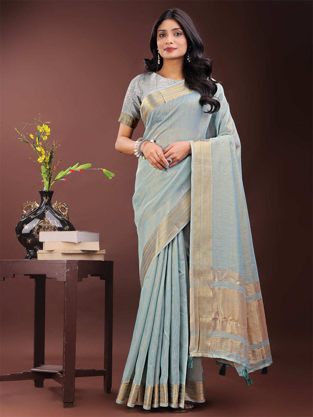 Astita Elegant Sky Blue Organza Saree with Golden Zari Border - Festive & Office Wear Saree with Blouse Piece - Distacart