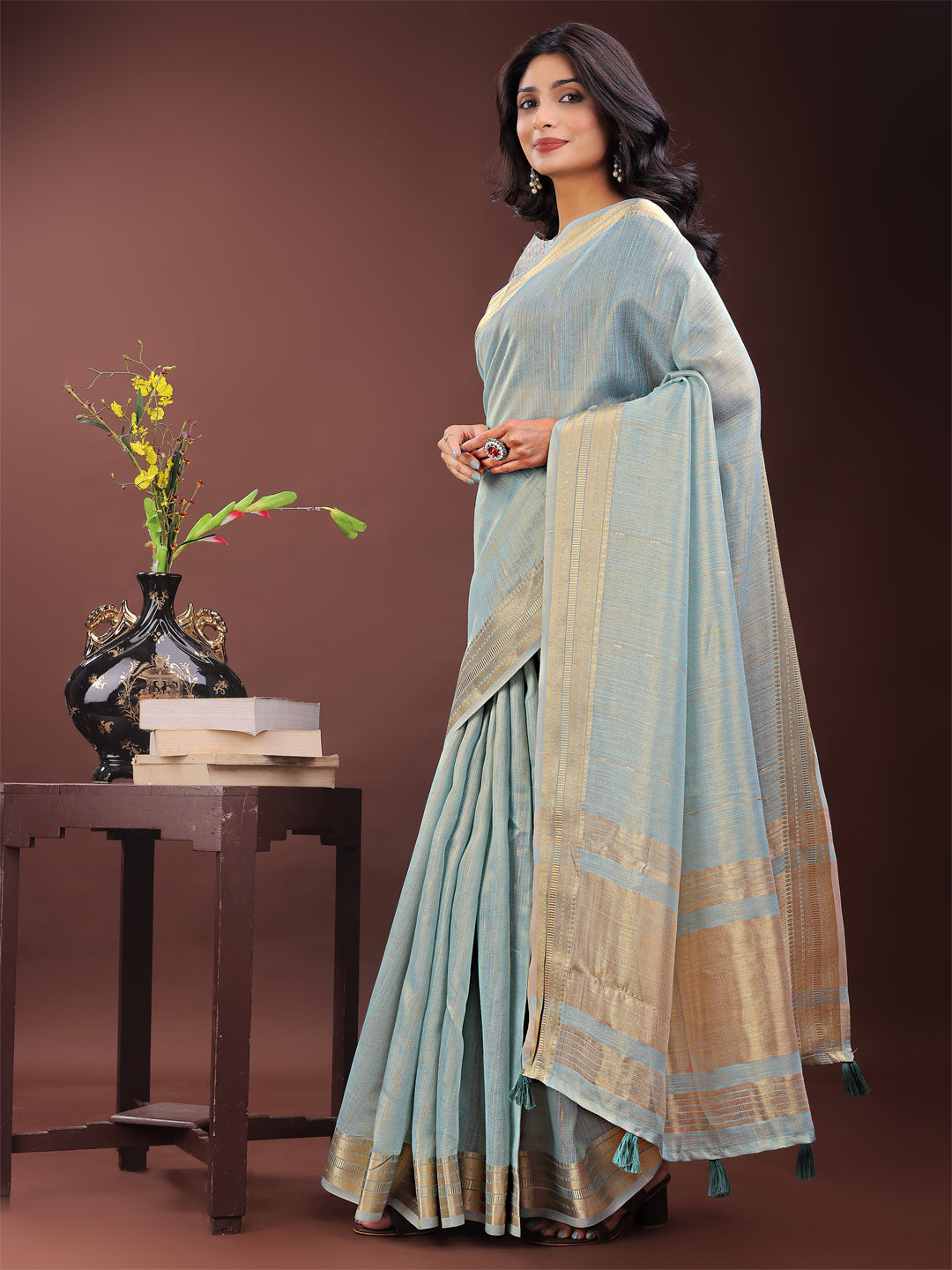 Astita Elegant Sky Blue Organza Saree with Golden Zari Border - Festive & Office Wear Saree with Blouse Piece - Distacart