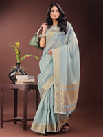 Thumbnail for Astita Elegant Sky Blue Organza Saree with Golden Zari Border - Festive & Office Wear Saree with Blouse Piece - Distacart