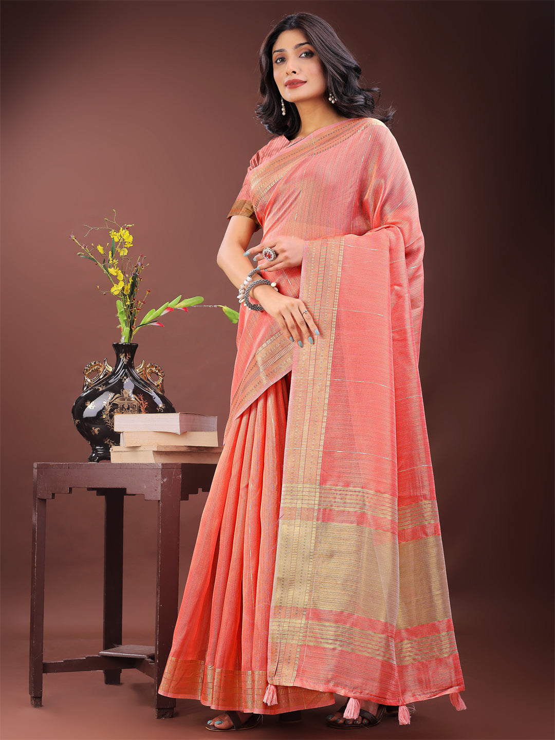 Astita Elegant Peach Organza Saree with Golden Zari Border - Festive & Office Wear Saree with Blouse Piece - Distacart